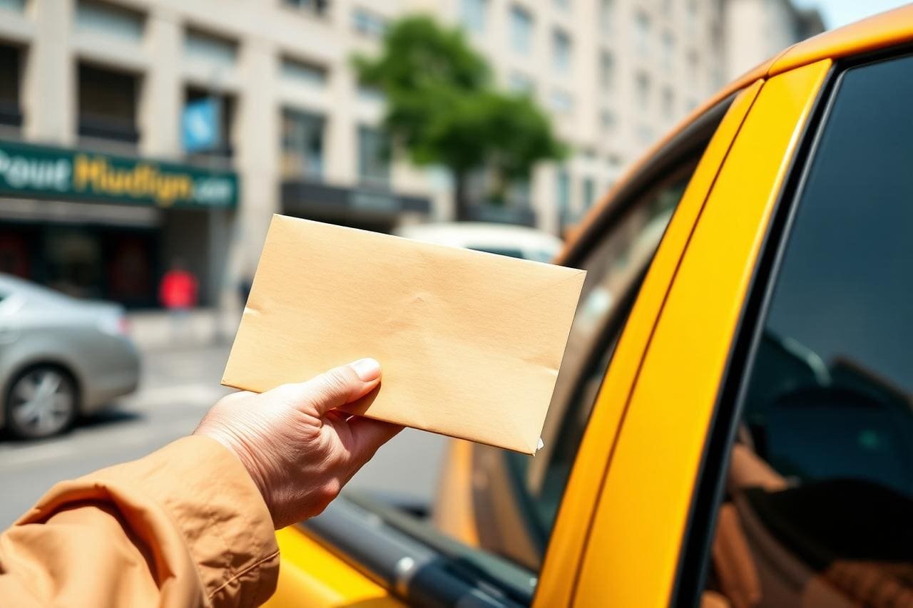 Kurier übergibt einen Umschlag durch das Fenster eines Taxis