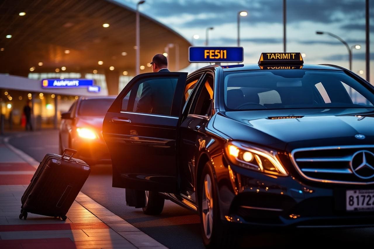 Fahrgast steigt mit Koffer am Flughafen-Terminal in ein Taxi